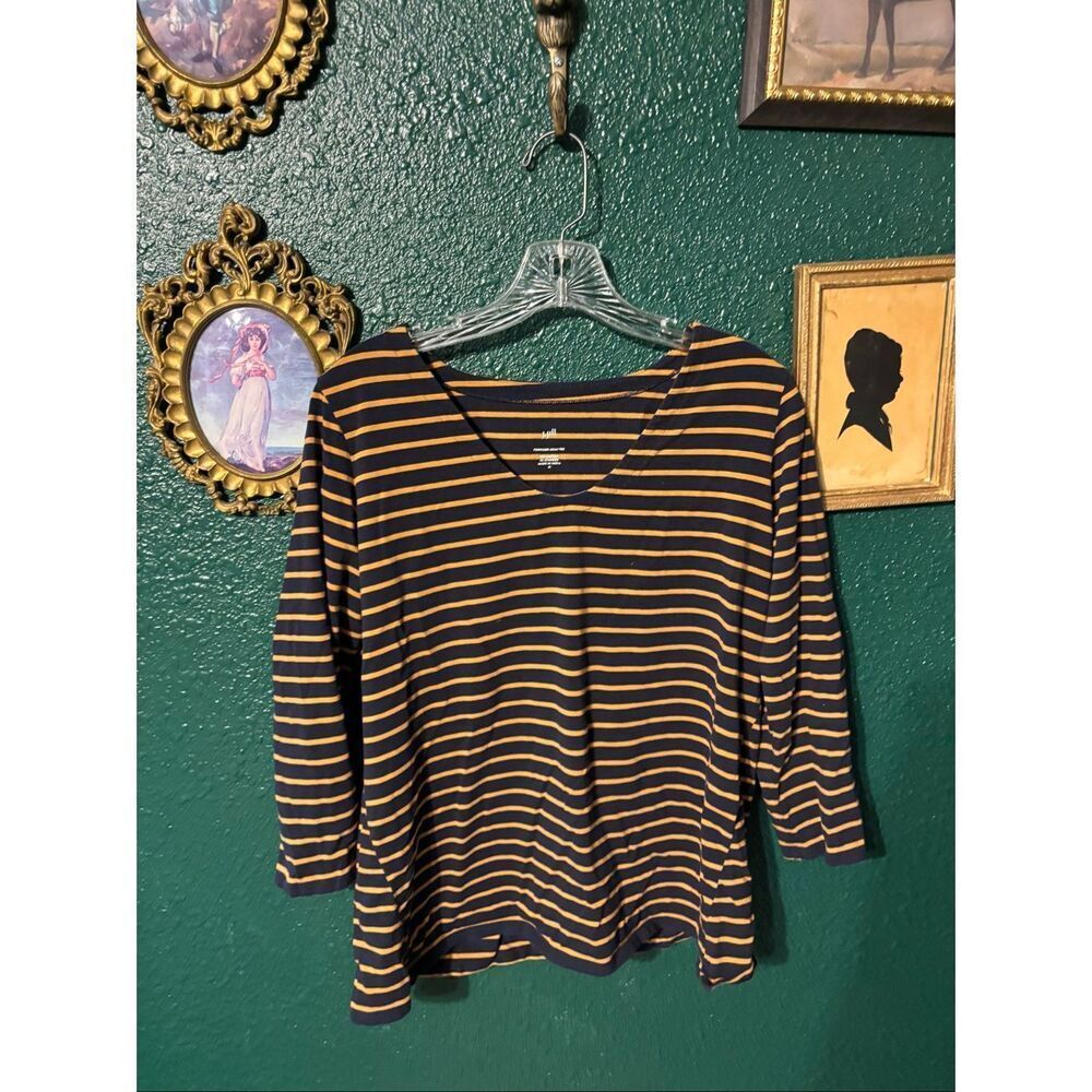 J.Jill Forward Seam Blue Orange Striped 3/4 Sleeve Top Sz Medium